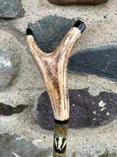 Load image into Gallery viewer, Badgers in Wood at Dusk - Hand Painted Hazel Antler Handle Thumbstick