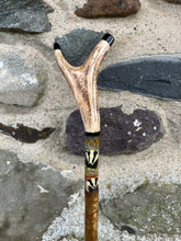 Load image into Gallery viewer, Badger at dusk hand painted antler topped wooden Thumbstick walking stick by Helen Elizabeth