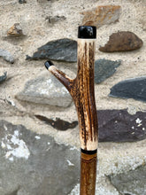Load image into Gallery viewer, Hazel wood antler handled, handmade wooden walking sticks thumbsticks hiking sticks by Helen Elizabeth Studios