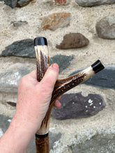 Load image into Gallery viewer, Hazel wood antler handled, handmade wooden walking sticks thumbsticks hiking sticks by Helen Elizabeth Studios