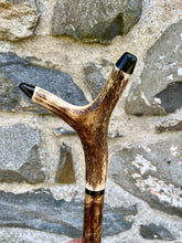 Load image into Gallery viewer, Hazel wood antler handled, handmade wooden walking sticks thumbsticks hiking sticks by Helen Elizabeth Studios
Hazel wood thumbstick Helen Elizabeth Studios