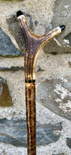 Load image into Gallery viewer, Hazel wood antler handled, handmade wooden walking sticks thumbsticks hiking sticks by Helen Elizabeth Studios
Hazel wood thumbstick Helen Elizabeth Studios