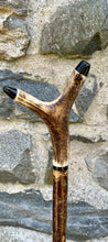 Load image into Gallery viewer, Hazel wood antler handled, handmade wooden walking sticks thumbsticks hiking sticks by Helen Elizabeth Studios
Hazel wood thumbstick Helen Elizabeth Studios