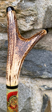 Load image into Gallery viewer, Roman Soldier and Lion - Hand Painted Hazel Thumbstick with Antler Handle