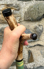 Load image into Gallery viewer, Puffins on The Cliff - Hand Painted Hazel Thumbstick with Antler Handle
