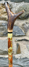 Load image into Gallery viewer, Red Grouse Hand Painted Hazel Thumbstick with Antler Handle by Helen Elizabeth