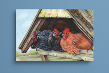Load image into Gallery viewer, chicken coop colouered pencil drawing by Helen Elizabeth Studios