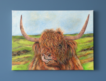 Load image into Gallery viewer, highland cow by a loch colouered pencil drawing by Helen Elizabeth Studios