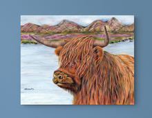 Load image into Gallery viewer, highland cow by a loch colouered pencil drawing by Helen Elizabeth Studios