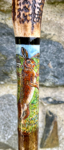 Pair Boxing Hares Hand Painted on Antler Handle Hazel  wooden Thumbstick  walking stick by Helen Elizabeth Studios