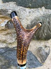 Load image into Gallery viewer, Pair Boxing Hares Hand Painted on Antler Handle Hazel Thumbstick by Helen Elizabeth Studios