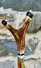 Load image into Gallery viewer, Pair Boxing Hares Hand Painted on Antler Handle Hazel Thumbstick by Helen Elizabeth Studios