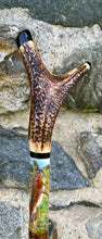 Load image into Gallery viewer, Pair Boxing Hares Hand Painted on Antler Handle Hazel Thumbstick by Helen Elizabeth Studios