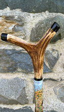 Load image into Gallery viewer, Goldfinch Hand Painted on Antler Handle Hazel Thumbstick by Helen Elizabeth Studios