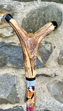 Load image into Gallery viewer, Goldfinch Hand Painted on Antler Handle Hazel Thumbstick by Helen Elizabeth Studios