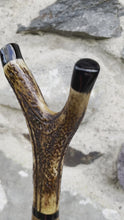 Load and play video in Gallery viewer, Hazel wood antler handled, handmade wooden walking sticks thumbsticks hiking sticks by Helen Elizabeth Studios