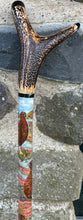 Load image into Gallery viewer, Red Grouse Hand Painted Hazel Thumbstick with Antler Handle by Helen Elizabeth