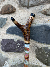 Load image into Gallery viewer, Red Grouse Hand Painted Hazel Thumbstick with Antler Handle by Helen Elizabeth