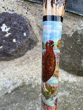 Load image into Gallery viewer, Red Grouse Hand Painted Hazel Thumbstick with Antler Handle by Helen Elizabeth