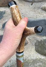 Load image into Gallery viewer, Otters in the river hand painted stag horn thumb stick by Helen Elizabeth