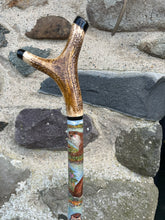 Load image into Gallery viewer, Otters in the river hand painted stag horn thumb stick by Helen Elizabeth