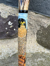 Load image into Gallery viewer, Handpainted Stag Horn Thumb Stick depicting Falcon on Glove by Helen Elizabeth Studios