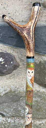 Barn Owl at Dusk hand painted stag horn thumbstick by Helen Elizabeth Studios
