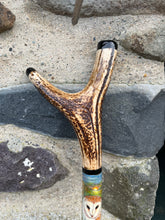 Load image into Gallery viewer, Barn Owl at Dusk hand painted stag horn thumbstick by Helen Elizabeth Studios