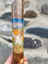 Load image into Gallery viewer, Barn Owl at Dusk hand painted stag horn thumbstick by Helen Elizabeth Studios