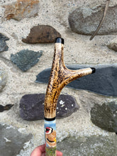 Load image into Gallery viewer, Goldfinch on thistle hand painted stag horn thumbstick by Helen Elizabeth Studios