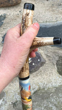 Load image into Gallery viewer, Goldfinch on thistle hand painted stag horn thumbstick by Helen Elizabeth Studios