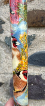 Load image into Gallery viewer, Goldfinches on Thistle- Hand Painted Hazel Thumbstick with Antler Handle