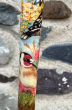 Load image into Gallery viewer, Goldfinches on Thistle- Hand Painted Hazel Thumbstick with Antler Handle
