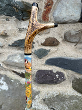 Load image into Gallery viewer, Goldfinch on thistle hand painted stag horn thumbstick by Helen Elizabeth Studios