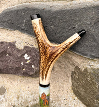 Load image into Gallery viewer, Man Fishing in River - Hand Painted Antler Handled Wading Staff Stick