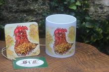 Load image into Gallery viewer, curley cockerel mug and coaster by Helen Elizabeth
