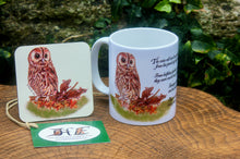 Load image into Gallery viewer, Wildlife Getting Along Collection - Owl and Mice Ceramic Mug and Coaster with Poem by Helen Elizabeth