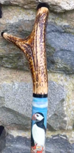 Load image into Gallery viewer, Puffins on rocks hand painted thumbstick by Helen Elizabeth