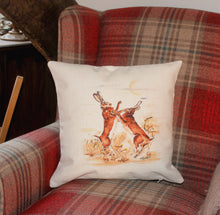 Load image into Gallery viewer, canvas country boxing hares cushion by helen elizabeth roberts