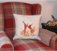 Load image into Gallery viewer, country canvas cushion boxing hares by helen elizabeth roberts