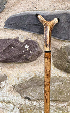Load image into Gallery viewer, Hazel wood antler handled, handmade wooden walking sticks thumbsticks hiking sticks by Helen Elizabeth Studios
antler stag horn thumbstick walking stick by Helen Elizaabeth Studios