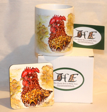 Load image into Gallery viewer, curley cockerel mug and coaster by Helen Elizabeth