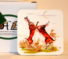 Load image into Gallery viewer, boxing hare mug and coaster by Helen Elizabeth