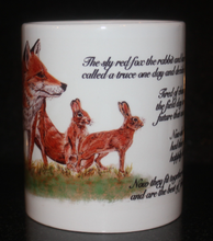 Load image into Gallery viewer, Wildlife Getting Along Collection - Fox, Rabbit and Hare Ceramic Mug and Coaster with Poem by Helen Elizabeth