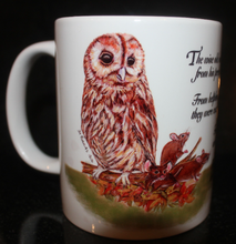 Load image into Gallery viewer, Wildlife Getting Along Collection - Owl and Mice Ceramic Mug and Coaster with Poem by Helen Elizabeth