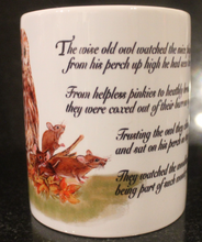 Load image into Gallery viewer, Wildlife Getting Along Collection - Owl and Mice Ceramic Mug and Coaster with Poem by Helen Elizabeth