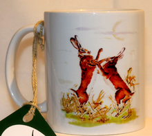 Load image into Gallery viewer, boxing hare mug and coaster by Helen Elizabeth