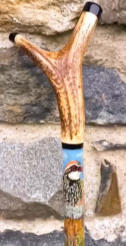 French partridge handpainted antler thumbstick by Helen Elizabeth Studios. wooden hazel  antler thumbstick walking stick  staghorn thumbstick