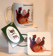 Load image into Gallery viewer, Pheasant and friends with poem mug and coaster by Helen Elizabeth
