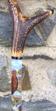 Load image into Gallery viewer, Red Grouse Hand Painted Hazel Thumbstick with Antler Handle by Helen Elizabeth
